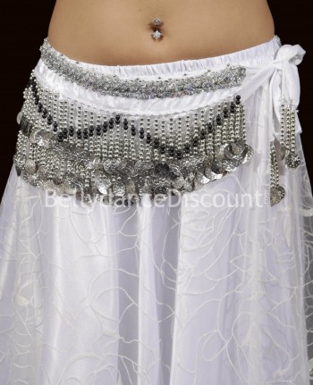 Ceinture de danse orientale velours blanc et sequins argentés