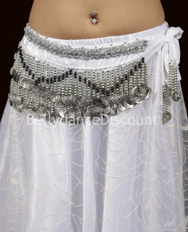 Ceinture de danse orientale velours blanc et sequins argentés