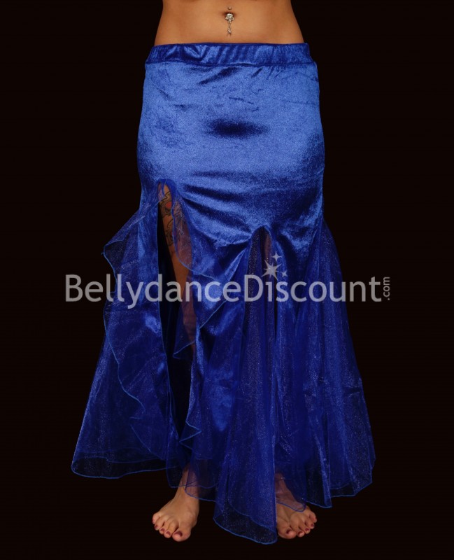 Falda azul oscura para danza oriental en terciopelo y tul