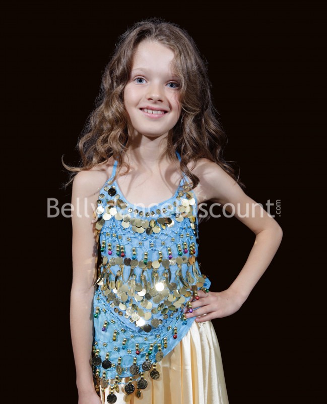Haut enfant de danse orientale bleu ciel et or