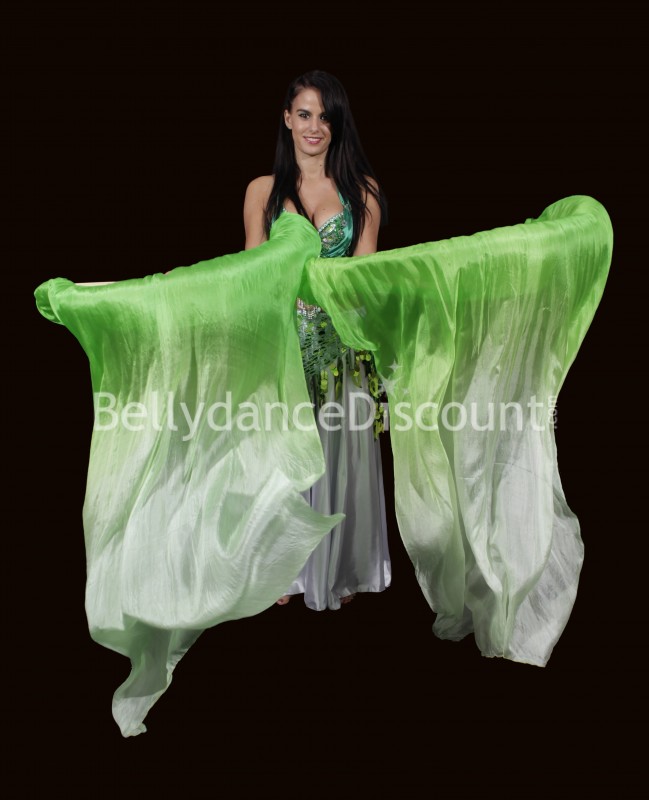 Paire d'éventails de danse orientale pure soie blanc vert