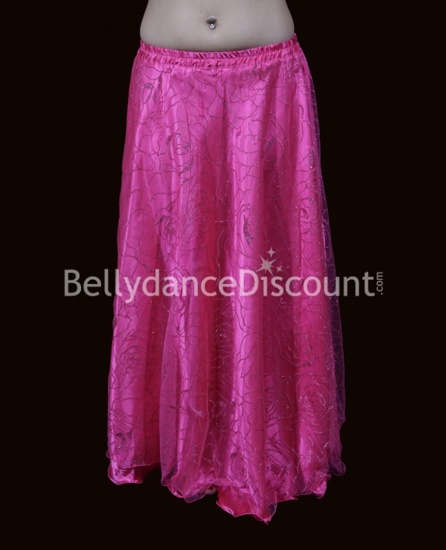 Falda fucsia para danza oriental en tul, satén y lentejuelas