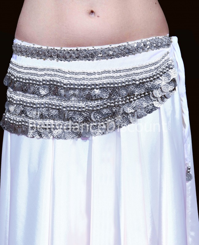 Cinturón terciopelo blanco de danza del vientre lentejuelas plateadas