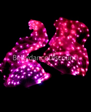 Abanicos fucsias luminosos en seda pura y LEDs para danza oriental