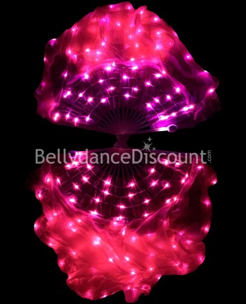 Abanicos fucsias luminosos en seda pura y LEDs para danza oriental