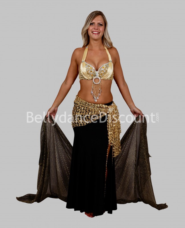 Velo rectangular negro-dorado brillante para danza oriental
