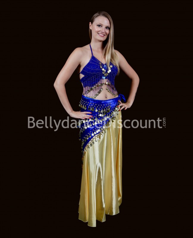 Long foulard de danse orientale velours bleu nuit sequins or