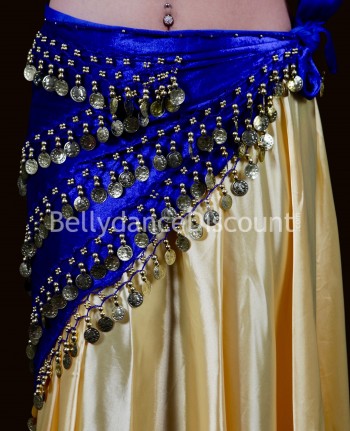 Lungo foulard di danza del ventre velluto blu notte sequins oro