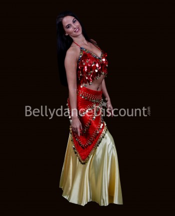 Fular largo para danza oriental en terciopelo rojo y lentejuelas doradas