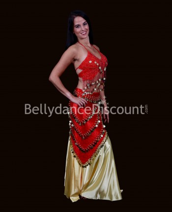 Long red velvet Bellydance scarf with gold sequins