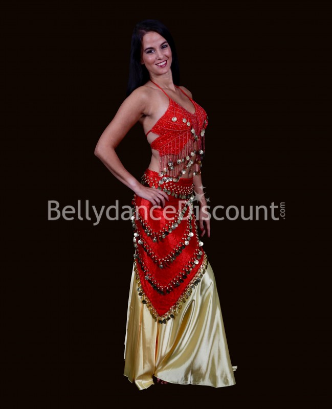Langer Schal für orientalischen Tanz aus Samt in Rot mit goldenen Münzen