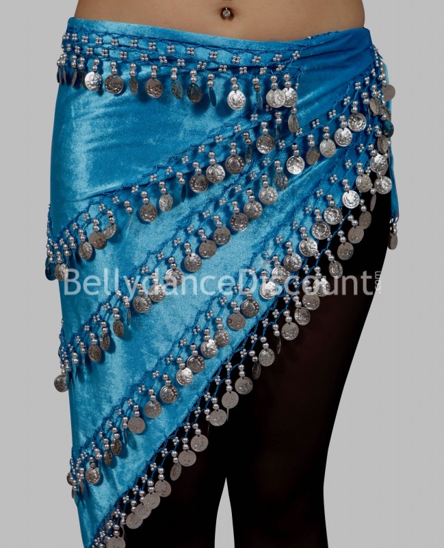 Long foulard de danse orientale velours bleu ciel sequins argent
