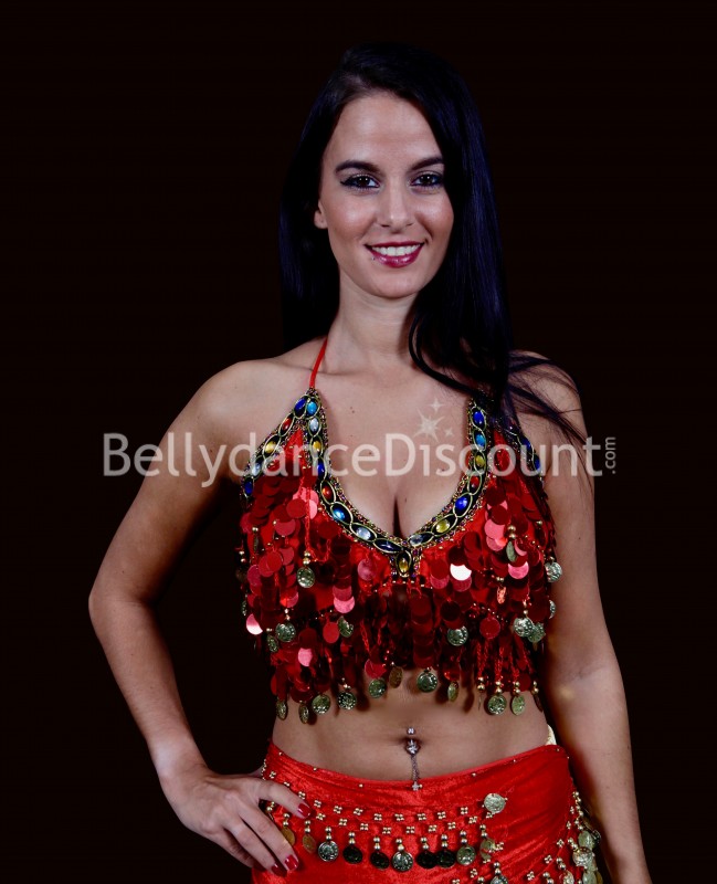 Top di danza del ventre rosso con pastiglie