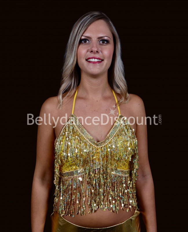 Top dorado con flecos y lentejuelas para Danza Oriental