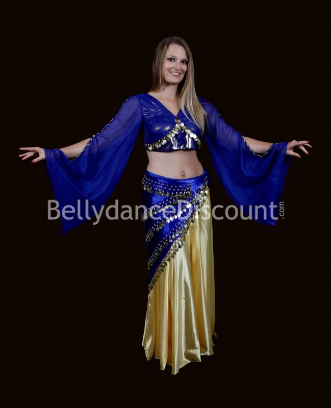 Long dark blue velvet Bellydance scarf with gold sequins