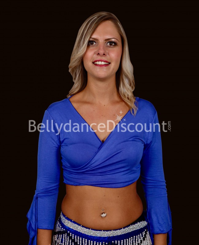Dark blue wrap-over top with sleeves for dance lessons