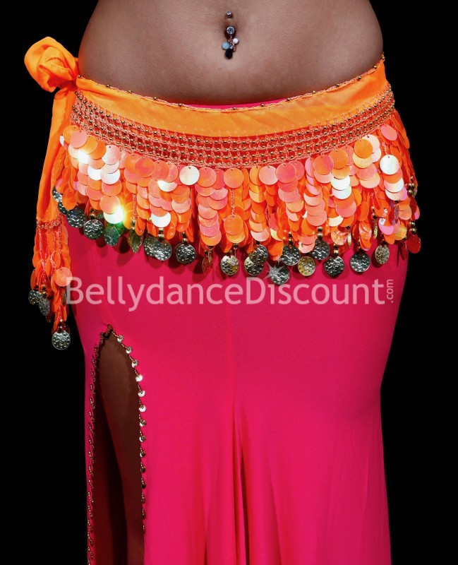 Cinturón de danza del vientre con lentejuelas de plástico naranja