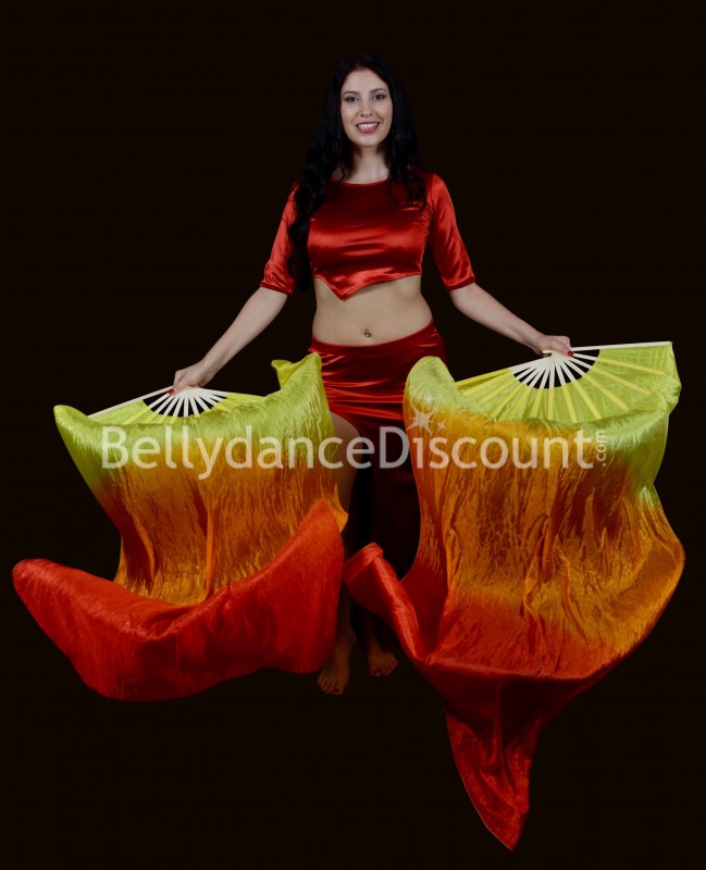 Paire d'éventails de danse orientale pure soie jaune orange rouge