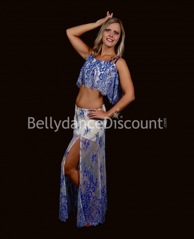 Costume de danse orientale dentelle blanc bleu