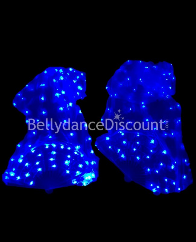 Abanicos azules oscuros luminosos en seda pura y LEDs para danza oriental