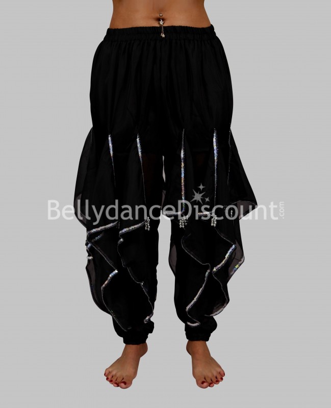Pantalón Sarouel negro plateado para danza oriental y Bollywood
